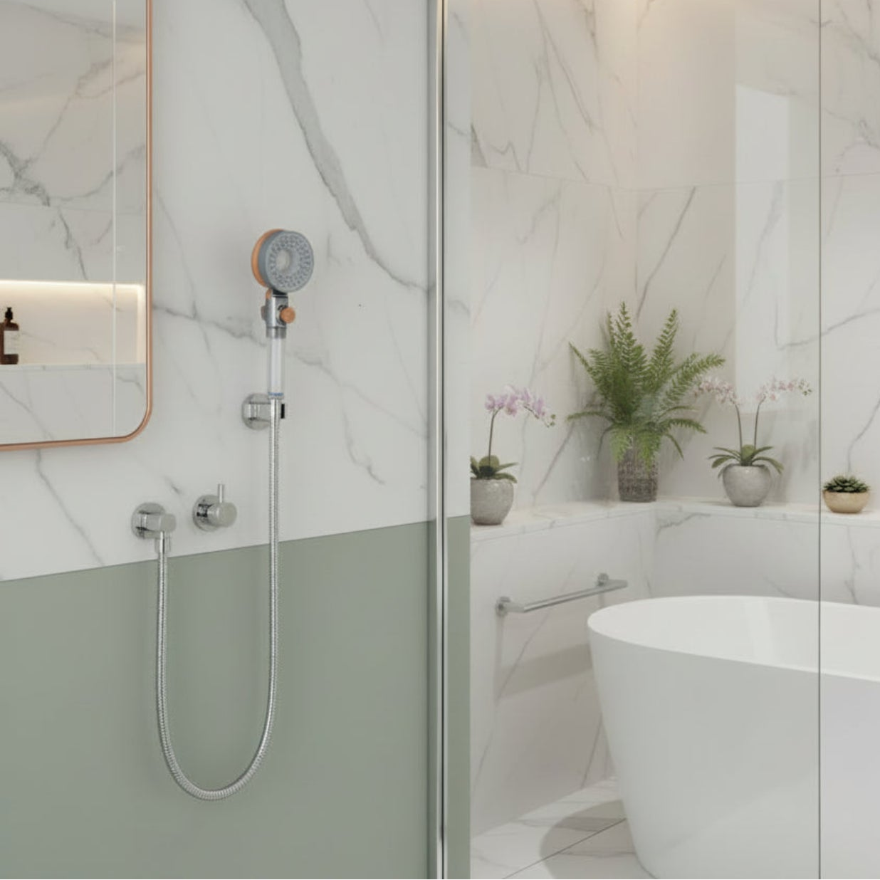 Double-sided shower head with two nozzles on a grey background