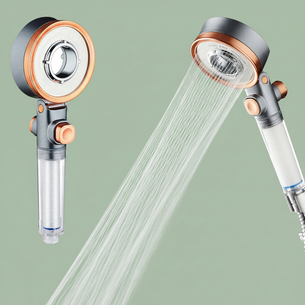 Dual shower head with water flowing on a two-tone background