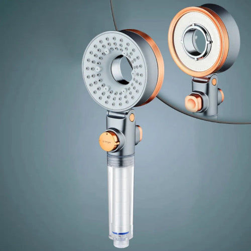 Double-sided shower head with two nozzles on a grey background